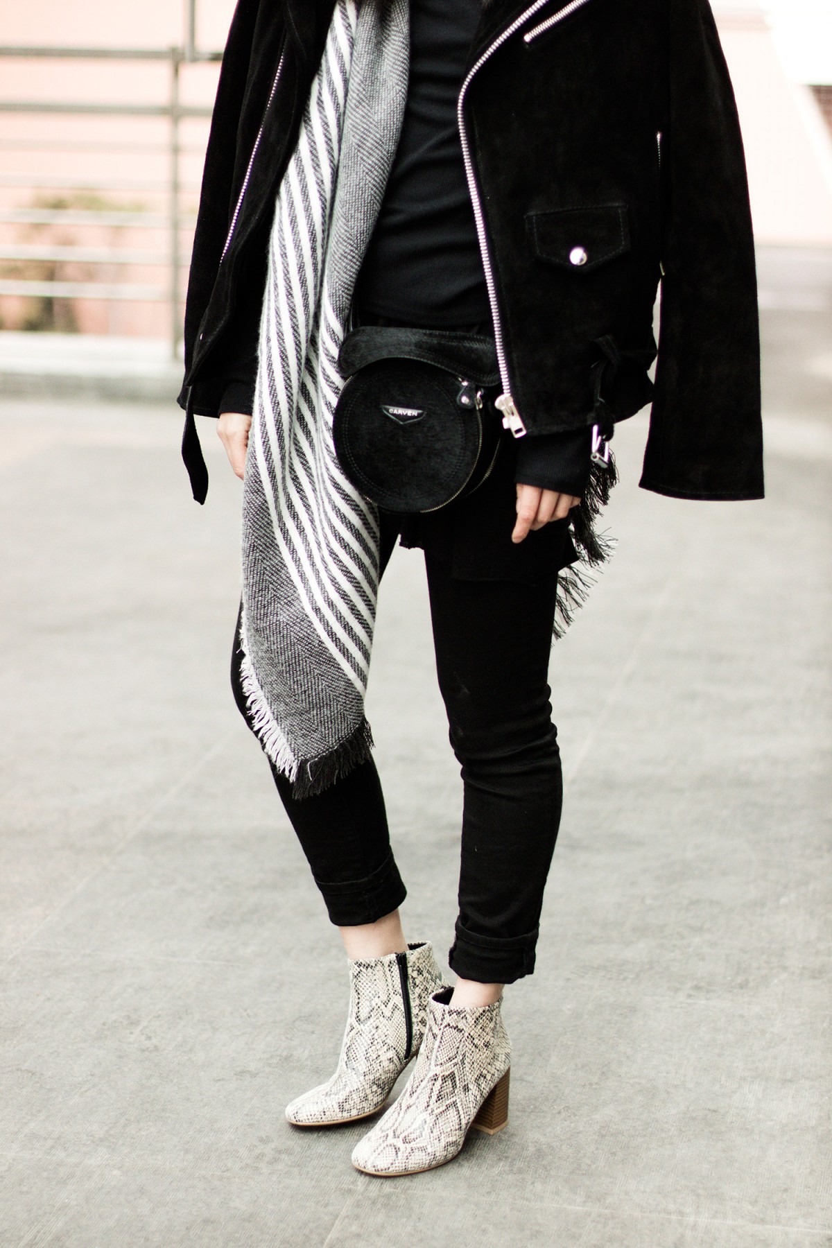 all black outfit with snakeskin boots