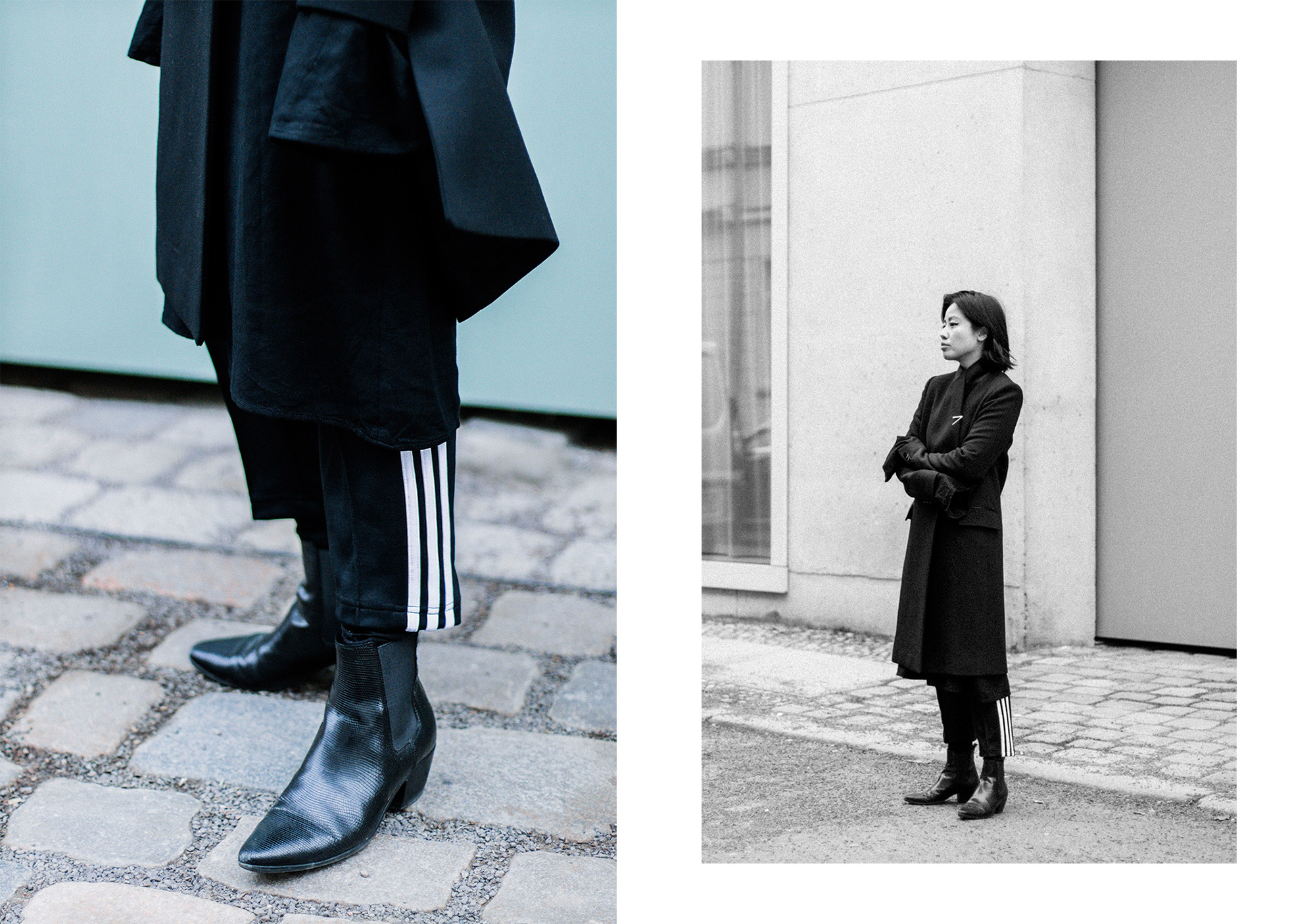 Athleisure Chic: Adidas Originals Trackpants, Pallas Endor Coat, Saint Laurent Boots - All Black Everything by Alice M. Huynh / IheartAlice.com