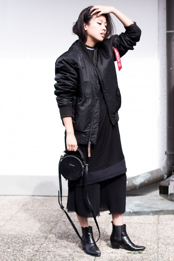 IHEARTALICE – Travel, Lifestyle & Fashion-Blog from Berlin/Germany by Alice M. Huynh: Alpha Industries Bomber Jacket in Black, OAK NY T-Shirt, Non Tokyo Turtleneck Dress, Pleated Trousers by Alice M. Huynh, Carven Leather Circular Bag, Saint Laurent Paris Leather Lizard Stamp Boots
