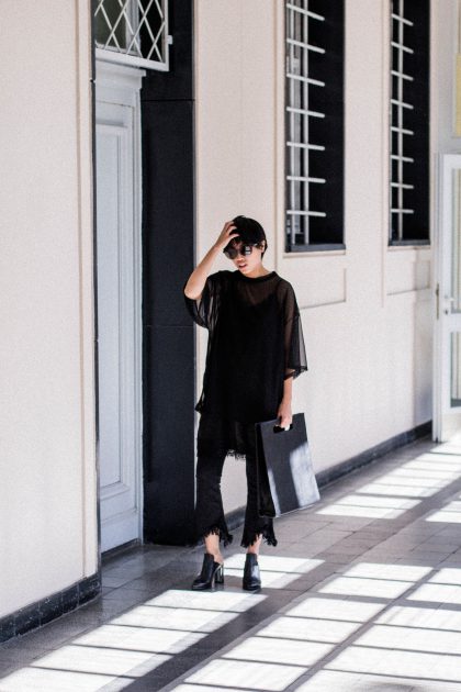 Fringed flared jeans / all black everything look by Alice M. Huynh / IheartAlice.com